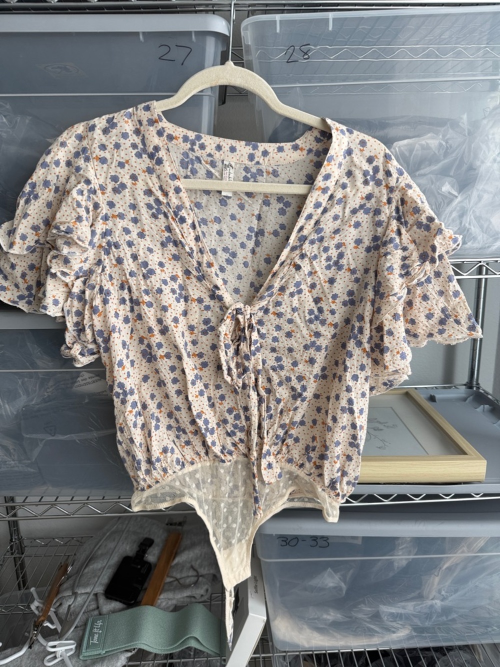 Floral Tie-Front Ruffled Bodysuit in Cream and Blue
